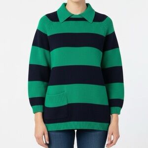 Vintage Clovelly Green/Navy Wide Striped 3/4 Sleeve Sweater Collar & Pocket M